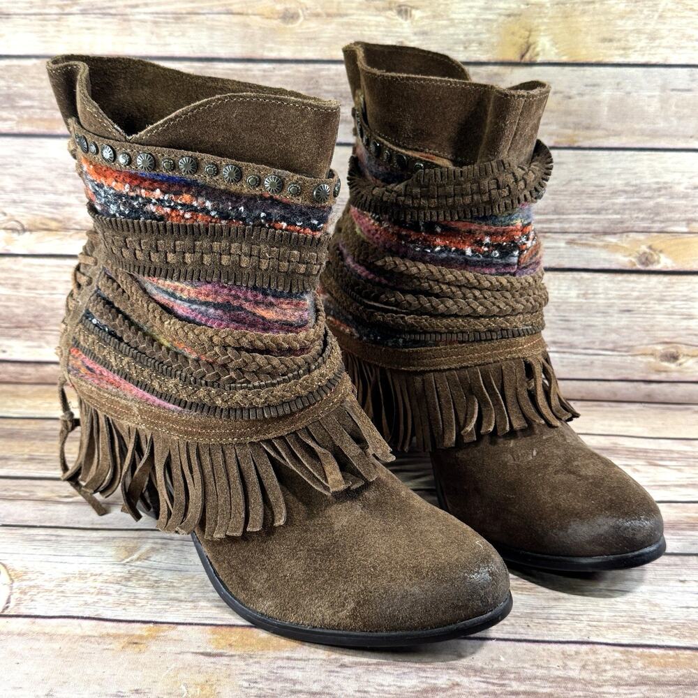 Funky Monkey Womens Brown Suede Leather Boho Western Fringed Ankle Boots 10